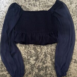 Urban Outfitters Navy Smocked Long Sleeve Sheer Blouse Ruffle Hem Size: Small